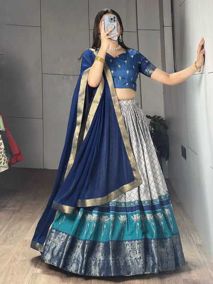 Navy Pure Tussar Khichu Ethnic Print With Silk Weaving Border South Indian Lehenga Choli