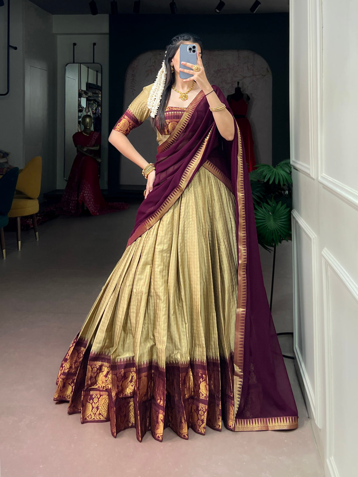 Cream Pure Poly Cotton Chexs with Rich Zari Weaving Work South Indian Lehenga Choli