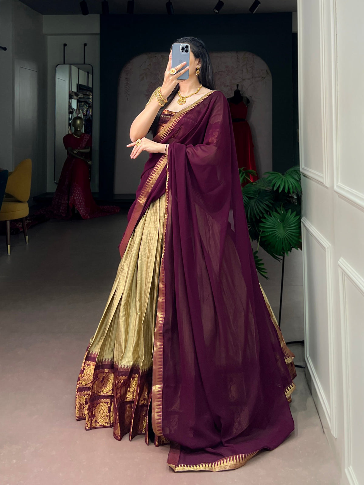 Cream Pure Poly Cotton Chexs with Rich Zari Weaving Work South Indian Lehenga Choli