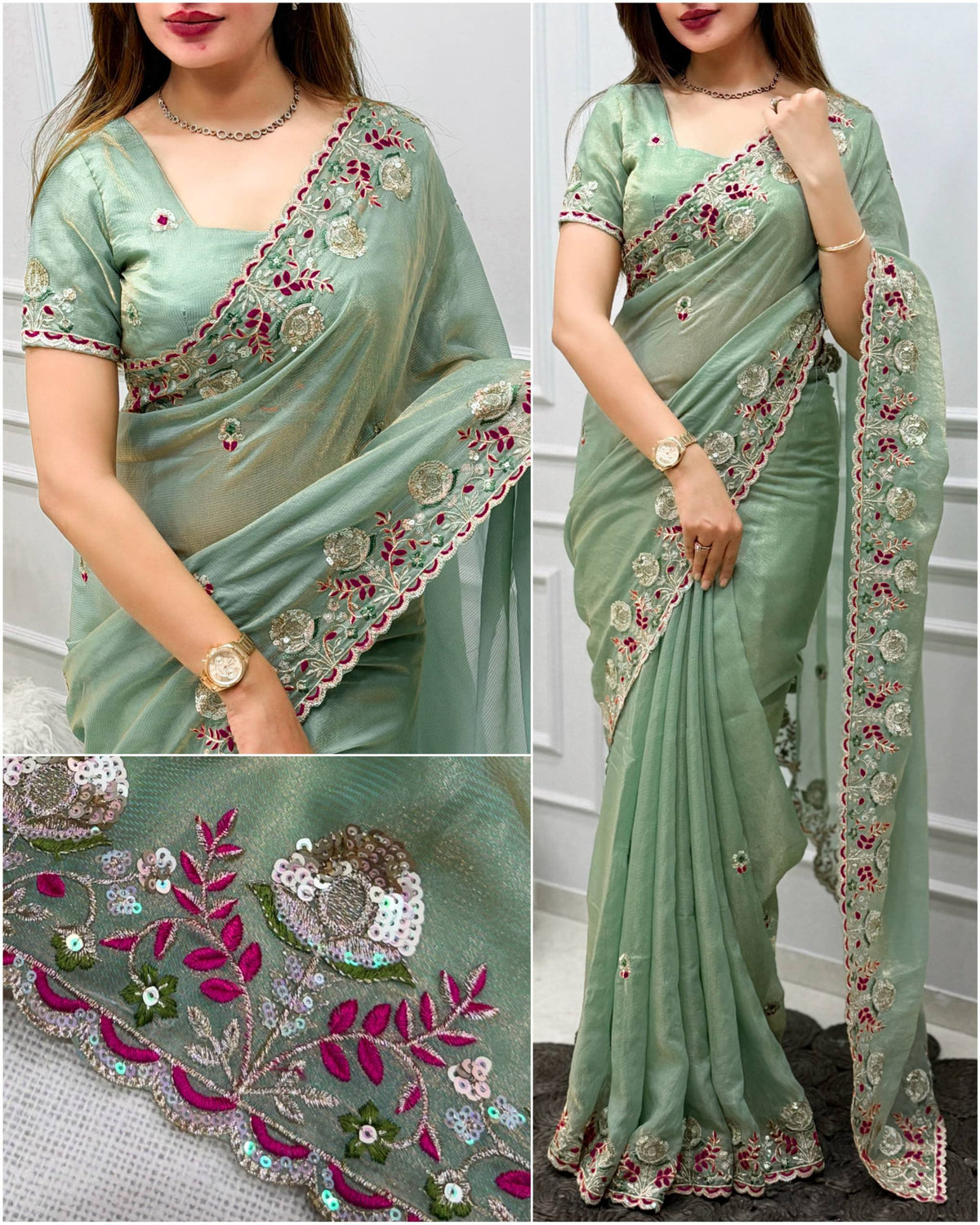 Pista Pure Soft Valetino Silk Thread Embroidered With Sequins work  Saree