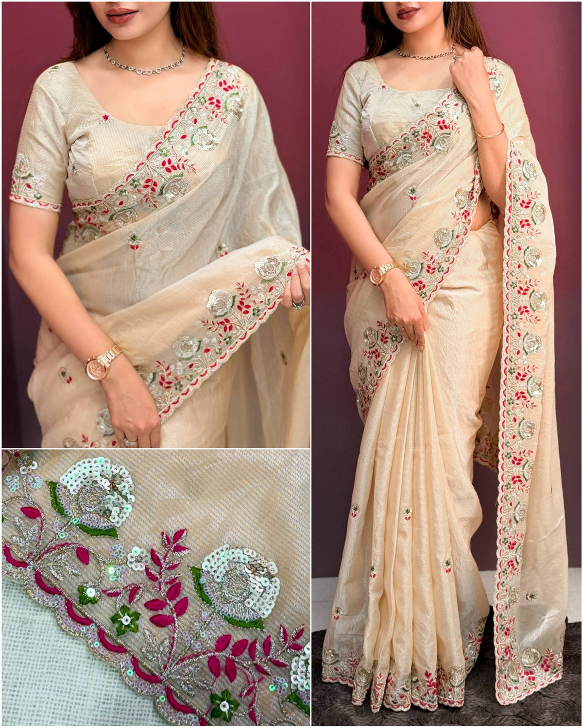 Cream Pure Soft Valetino Silk Thread Embroidered With Sequins work  Saree