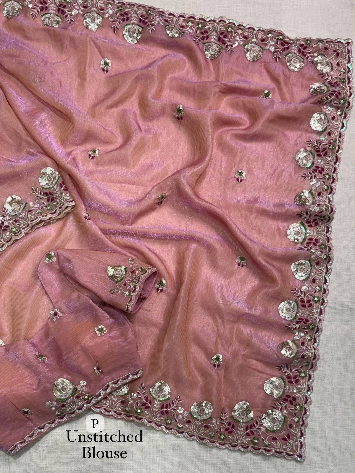 Pink Pure Soft Valetino Silk Thread Embroidered With Sequins work  Saree