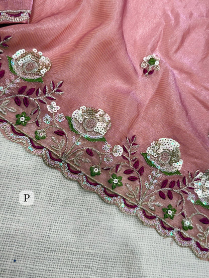 Pink Pure Soft Valetino Silk Thread Embroidered With Sequins work  Saree