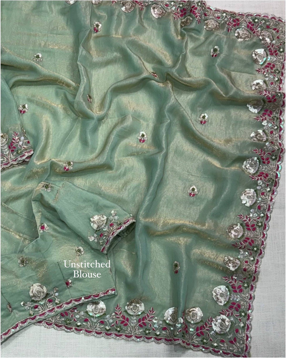 Pista Pure Soft Valetino Silk Thread Embroidered With Sequins work  Saree