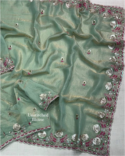 Pista Pure Soft Valetino Silk Thread Embroidered With Sequins work  Saree