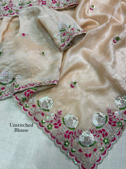 Cream Pure Soft Valetino Silk Thread Embroidered With Sequins work  Saree