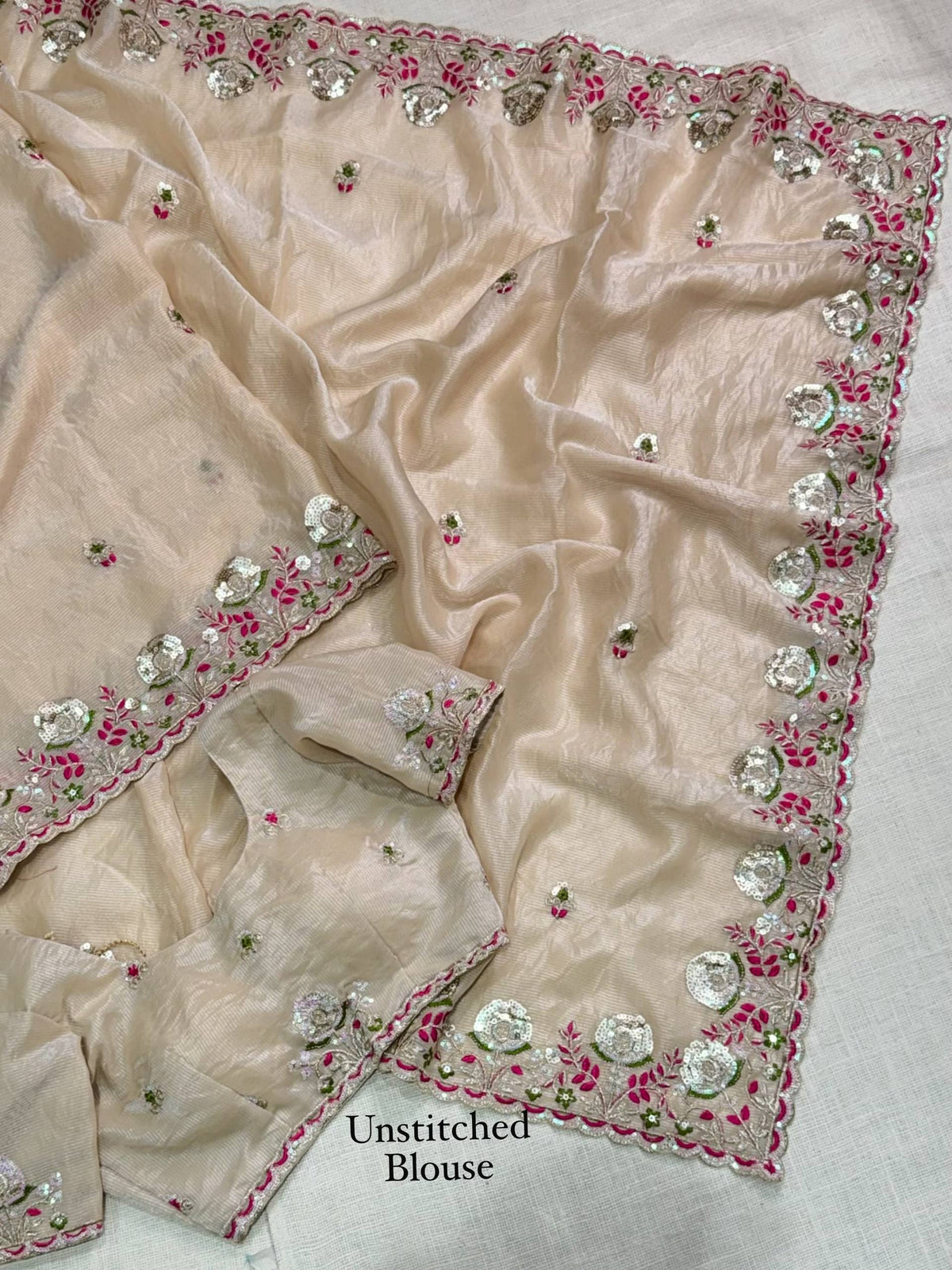 Cream Pure Soft Valetino Silk Thread Embroidered With Sequins work  Saree