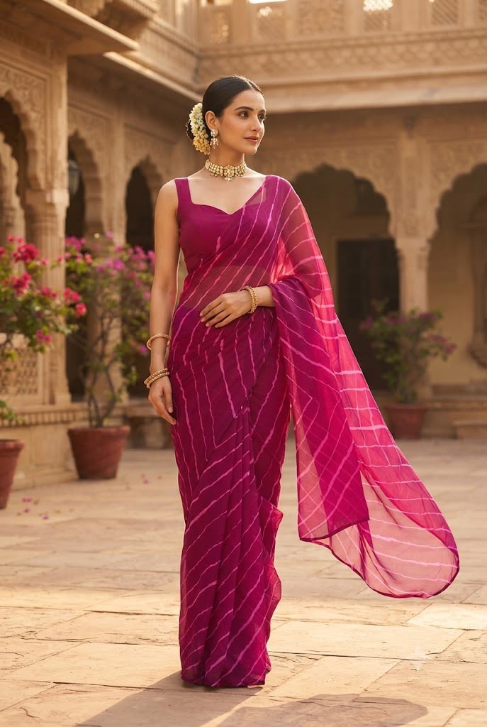 Pink Pure Soft Georgette Leriya Print Georgette Saree
