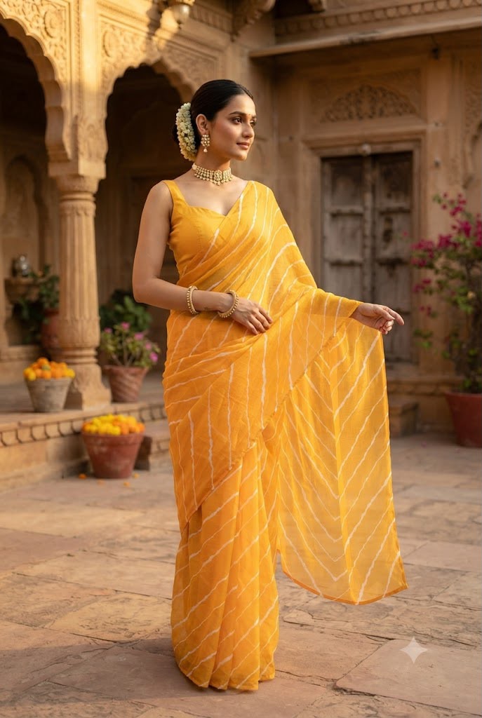 Yellow Pure Soft Georgette Leriya Print Georgette Saree