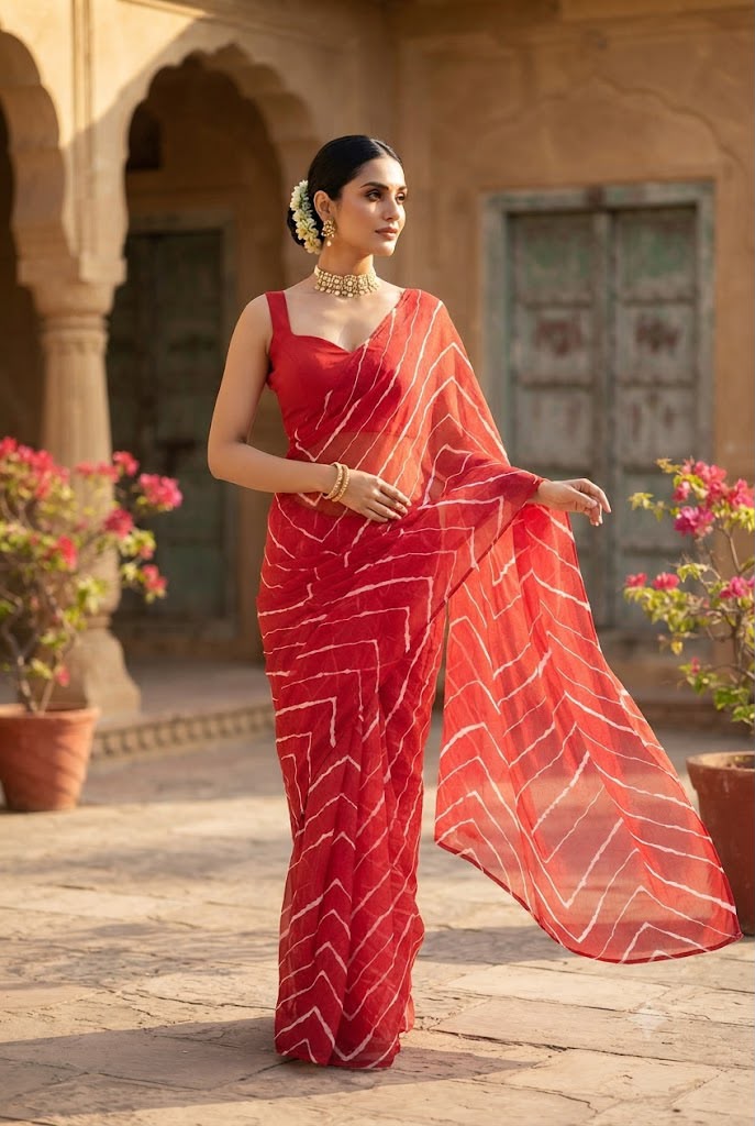Red Pure Soft Georgette Leriya Print Georgette Saree