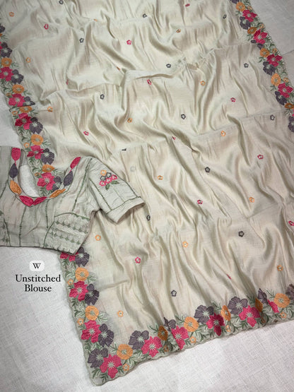 White Pure Coral Chiffon Multi Thread Kashmiri Style Chiffon Saree