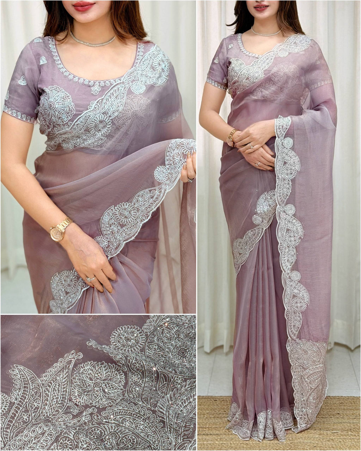 Lavender Soft Celebrity Silk Thread Embroidery Work Saree