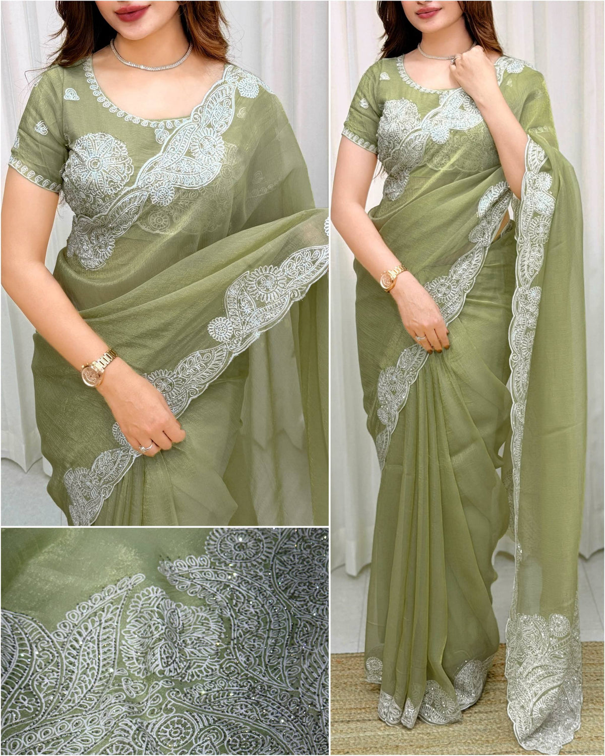 Pista Soft Celebrity Silk Thread Embroidery Work Saree