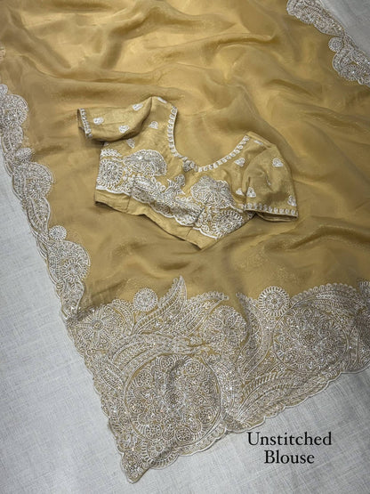 Mustard Soft Celebrity Silk Thread Embroidery Work Saree