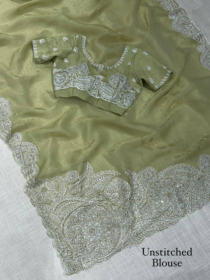 Pista Soft Celebrity Silk Thread Embroidery Work Saree