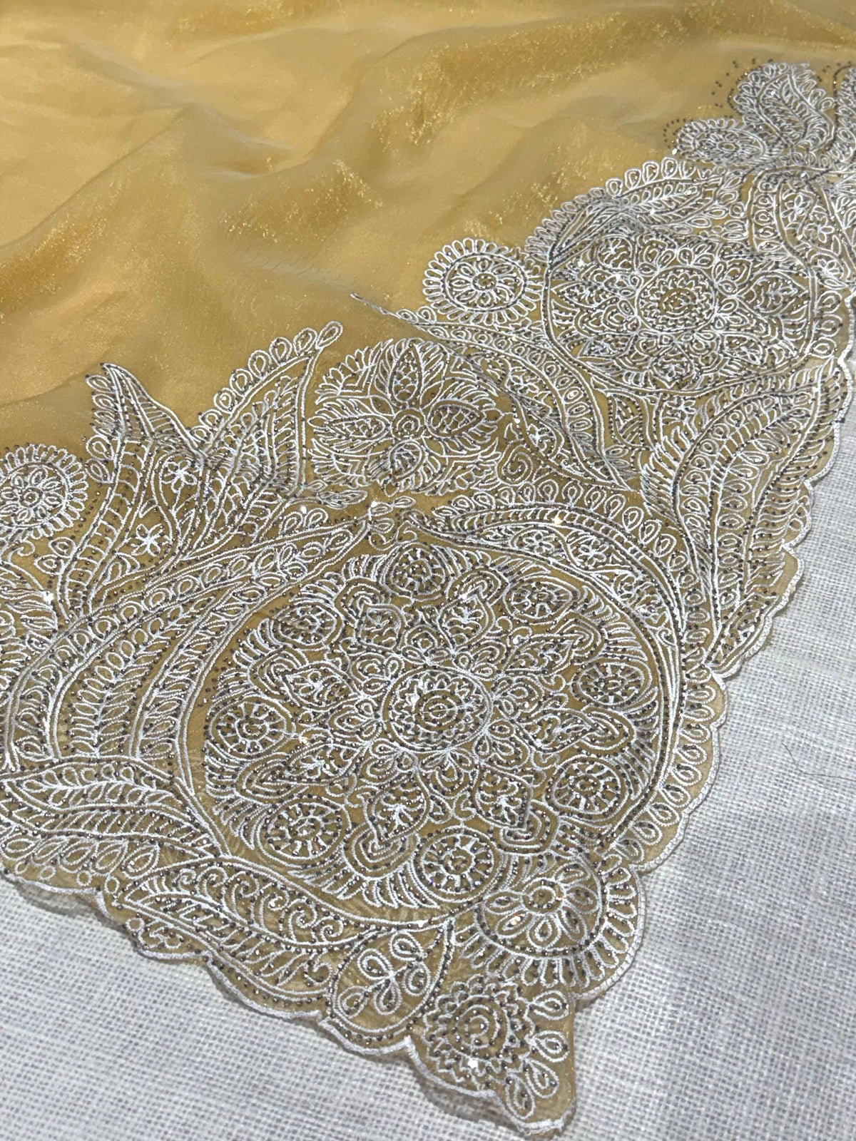 Mustard Soft Celebrity Silk Thread Embroidery Work Saree