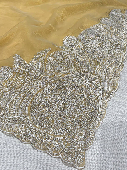 Mustard Soft Celebrity Silk Thread Embroidery Work Saree