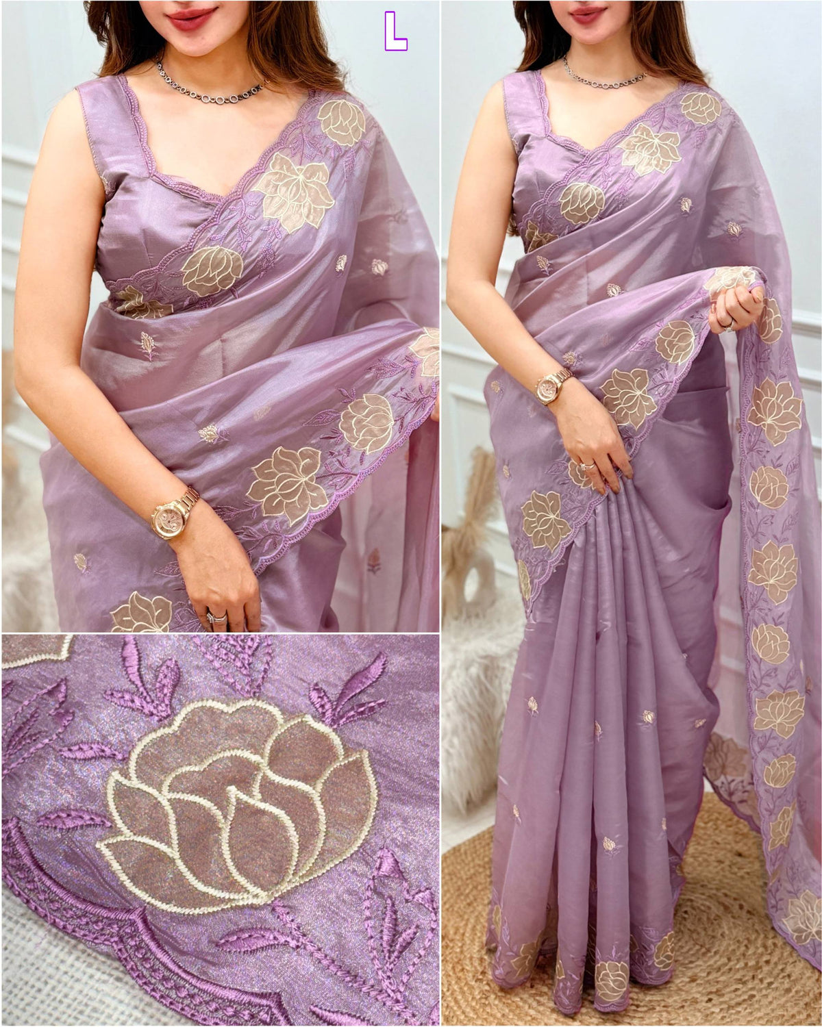 Lavender Soft Rasberry Silk Embroidery Work Saree