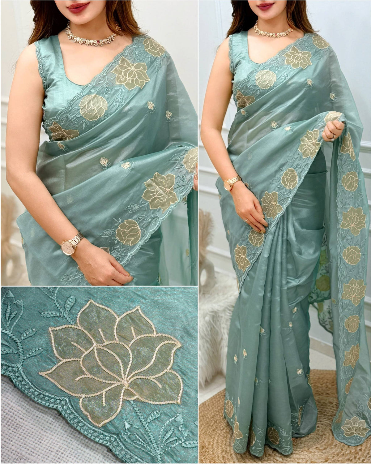 Teal Blue Soft Rasberry Silk Embroidery Work Saree