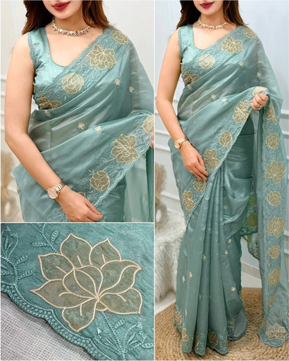 Teal Blue Soft Rasberry Silk Embroidery Work Saree