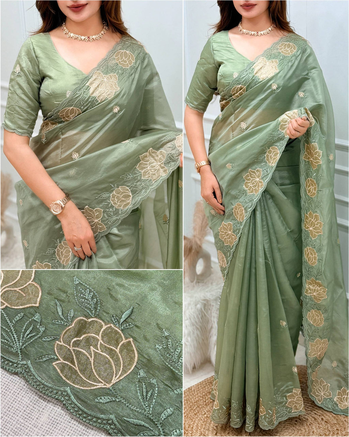 Green Soft Rasberry Silk Embroidery Work Saree