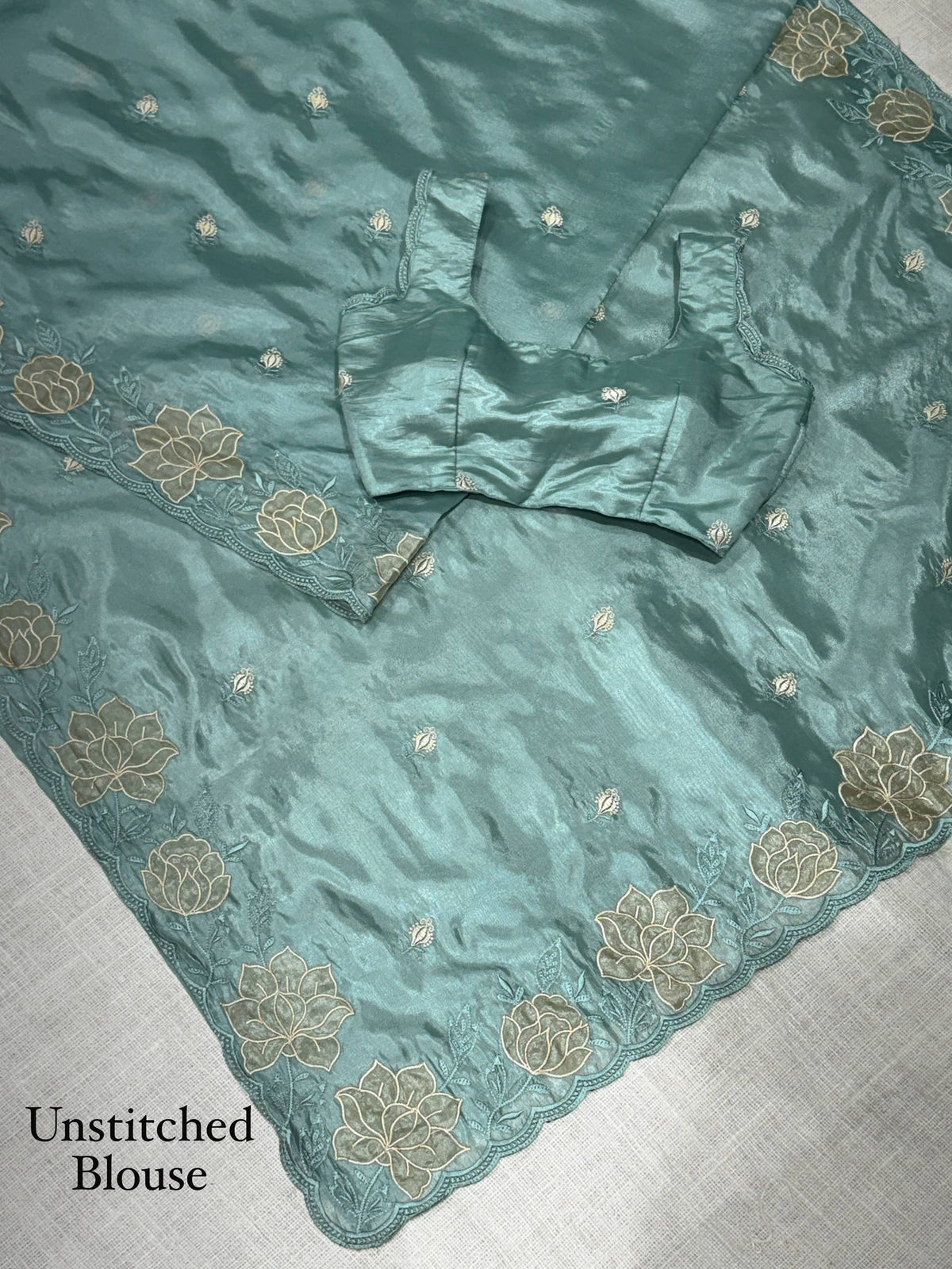Teal Blue Soft Rasberry Silk Embroidery Work Saree
