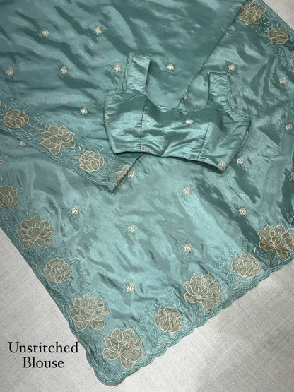 Teal Blue Soft Rasberry Silk Embroidery Work Saree