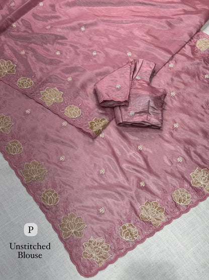 Pink Pure Soft Rasberry Silk Embroidery Work Saree
