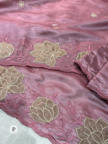 Pink Pure Soft Rasberry Silk Embroidery Work Saree