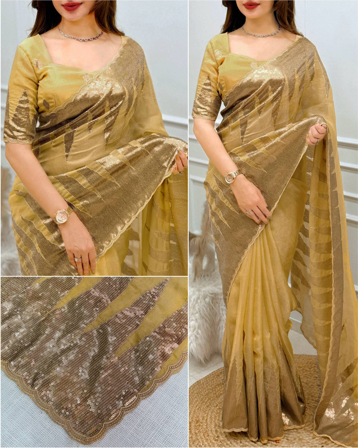 Mustard Pure Soft German Silk Thread Embroidered with Sequins Work Saree