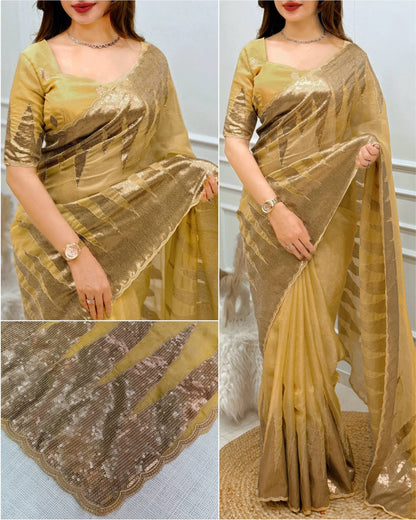 Mustard Pure Soft German Silk Thread Embroidered with Sequins Work Saree