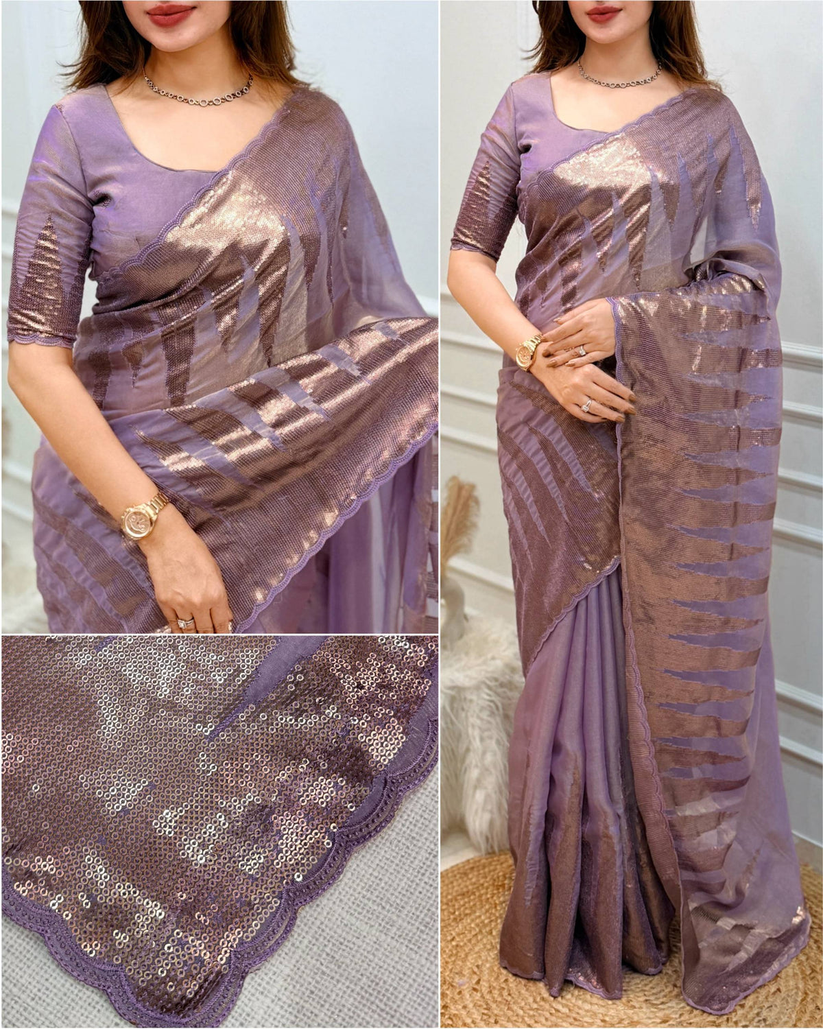 Lavender Pure Soft German Silk Thread Embroidered with Sequins Work Saree