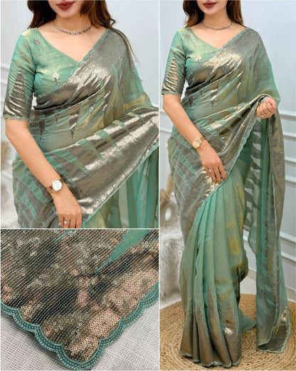 Green Pure Soft German Silk Thread Embroidered with Sequins Work Saree