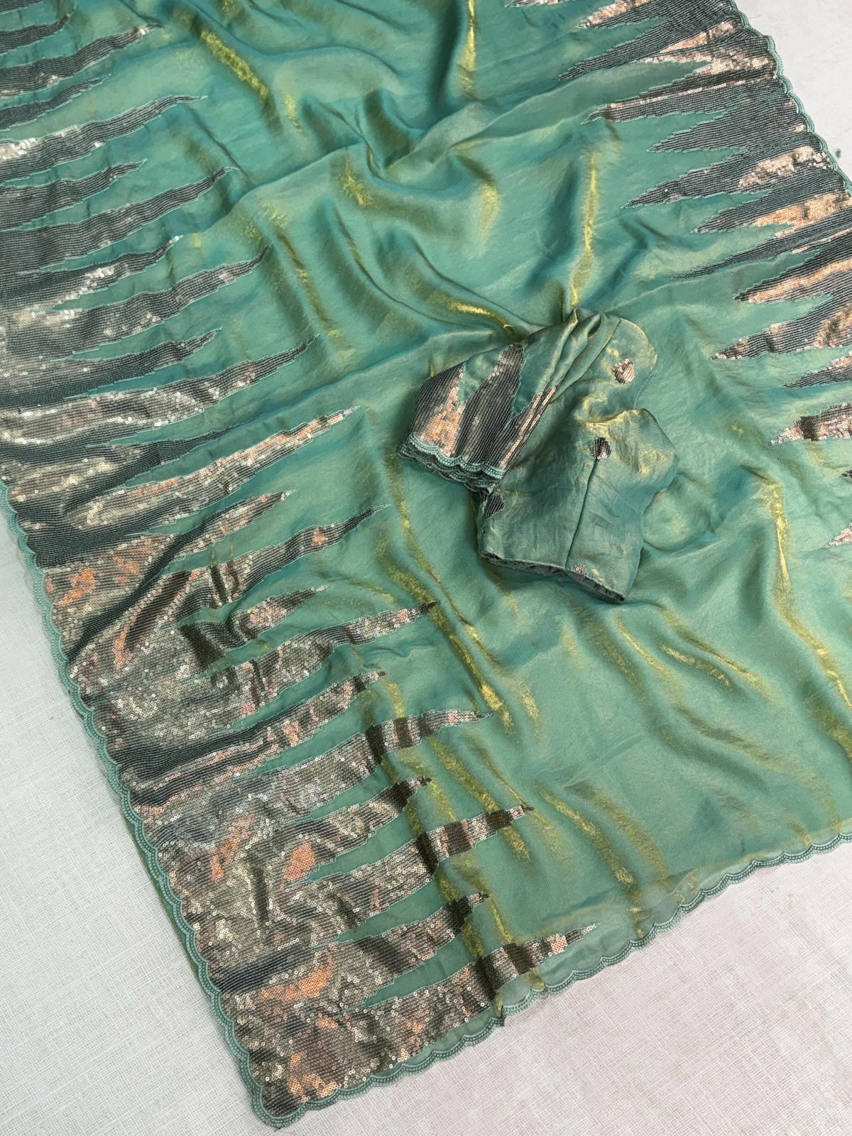 Green Pure Soft German Silk Thread Embroidered with Sequins Work Saree