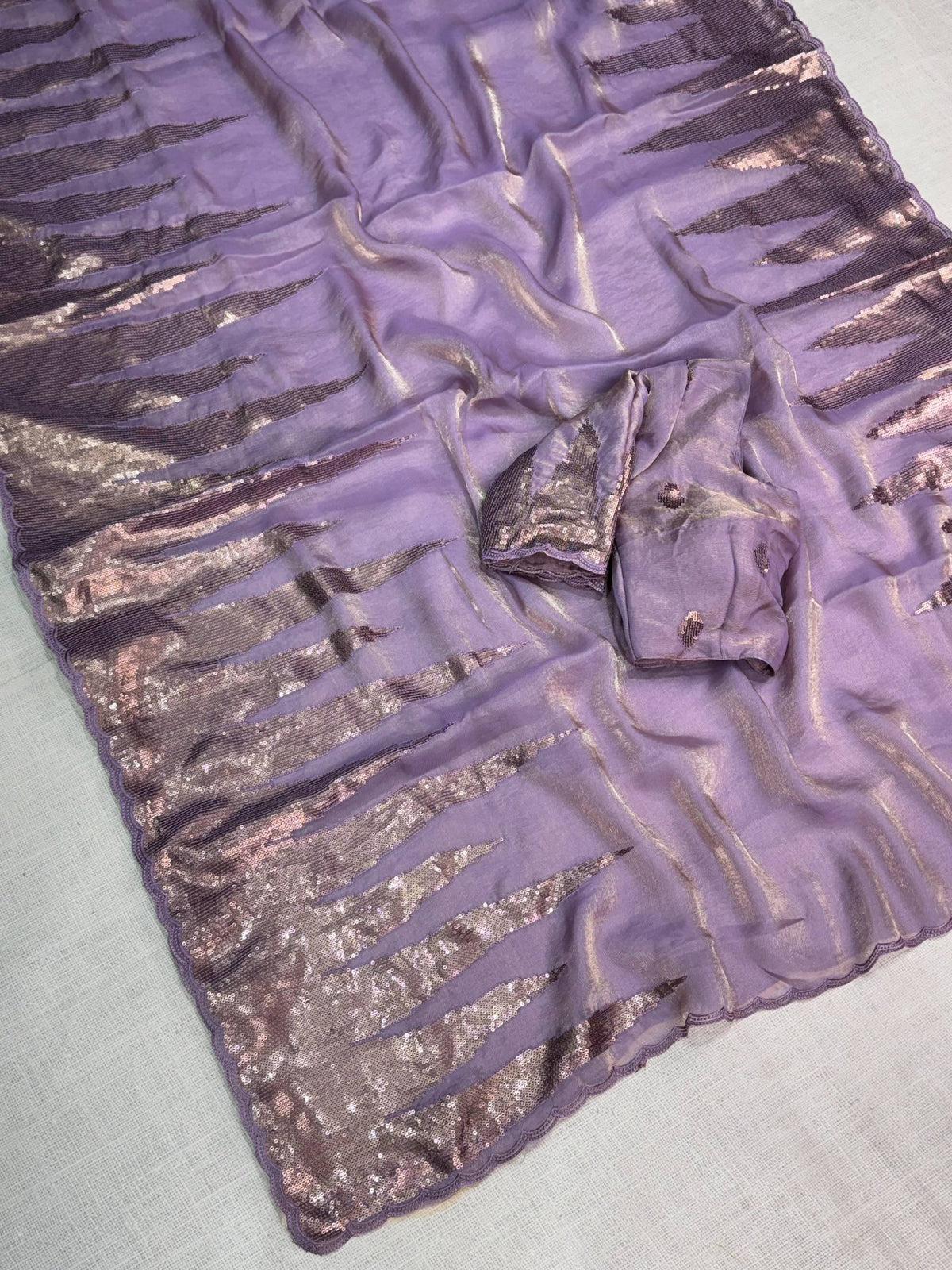 Lavender Pure Soft German Silk Thread Embroidered with Sequins Work Saree