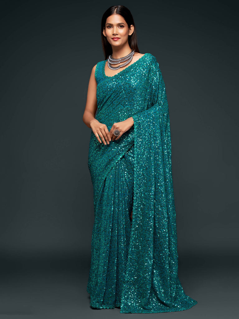Teal Blue Pure Chiffon Sequins Embroidery Work Ready to Wear Saree 