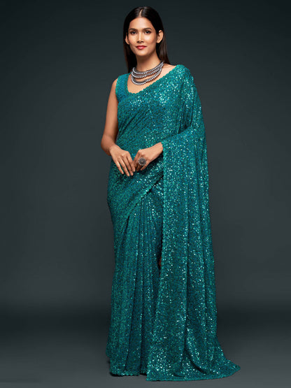 Teal Blue Pure Chiffon Sequins Embroidery Work Ready to Wear Saree 