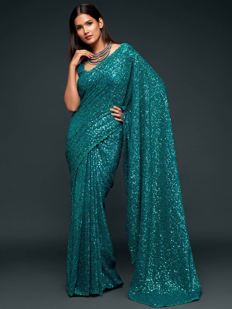 Teal Blue Pure Chiffon Sequins Embroidery Work Ready to Wear Saree 