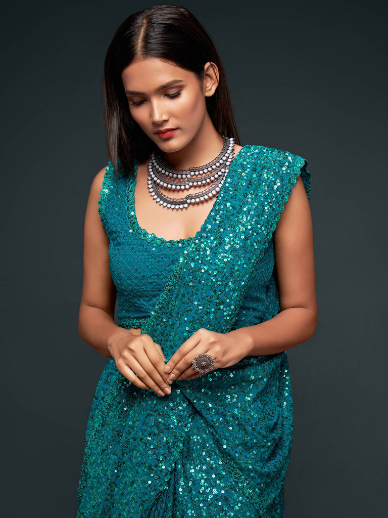 Teal Blue Pure Chiffon Sequins Embroidery Work Ready to Wear Saree 