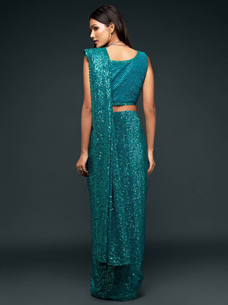 Teal Blue Pure Chiffon Sequins Embroidery Work Ready to Wear Saree 