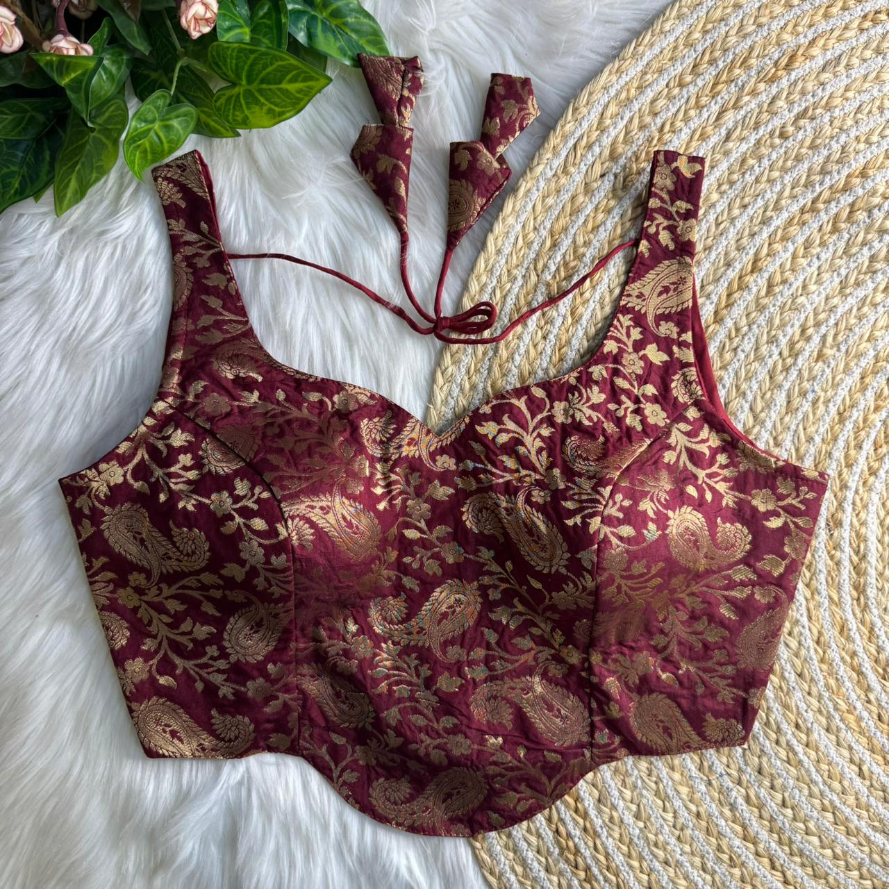 Readymade Pure Soft Banarasi Silk Tricot Fuising Corset Style Blouse ##color## Sleeveless Blouse with premium fabric and embroidery