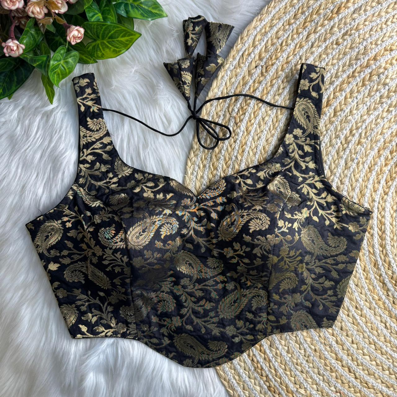 Readymade Pure Soft Banarasi Silk Tricot Fuising Corset Style Blouse ##color## Sleeveless Blouse with premium fabric and embroidery