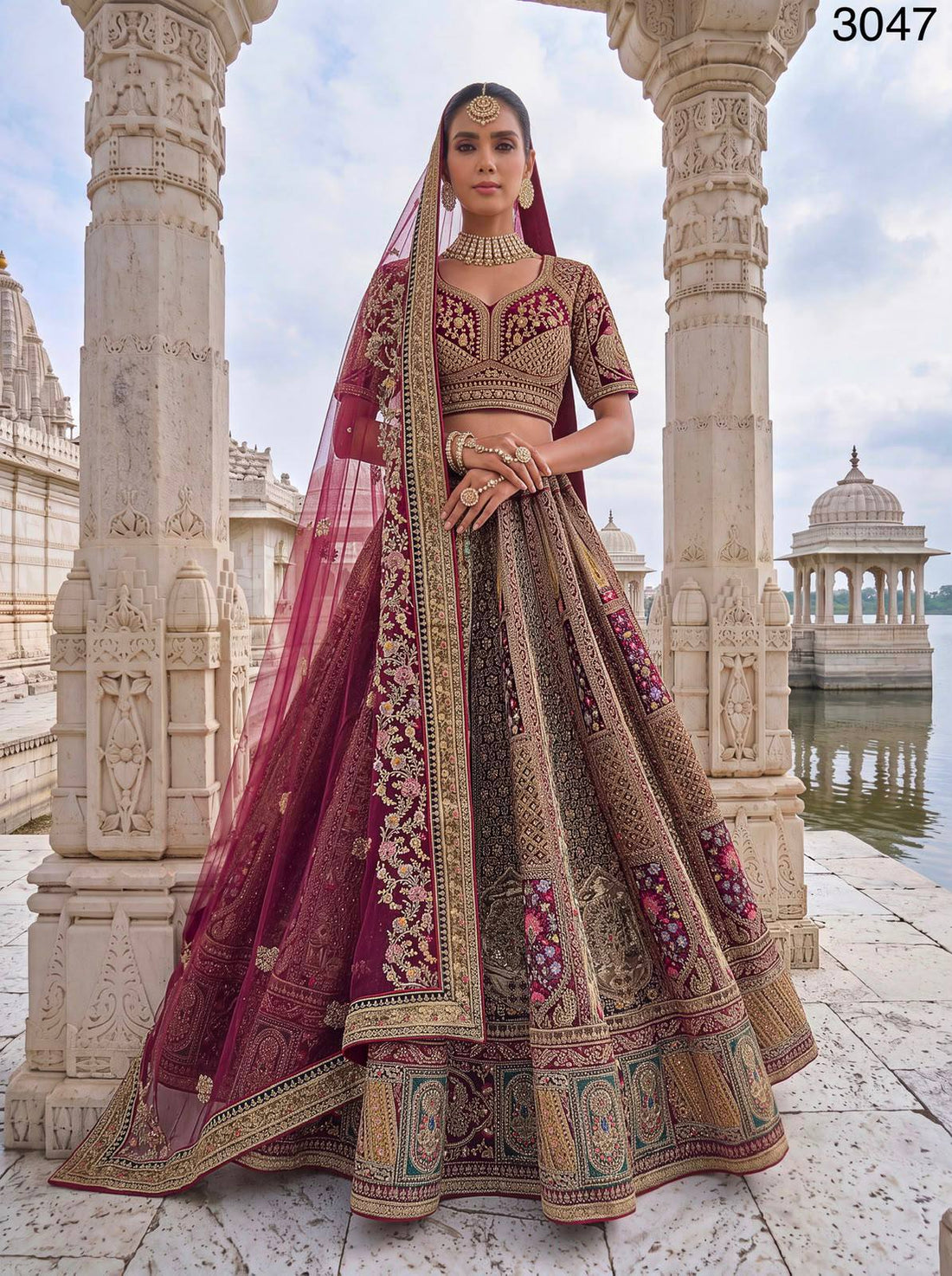 Maroon Pure Velvet Heavy Embroidery Patch Work &amp; Sequins Thread Work Bridal Lehenga Chol