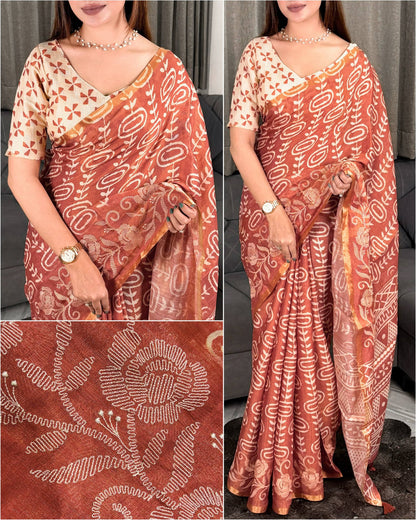 Rust Orange Pure Soft Erode Silk Thread Embroidered Work Saree