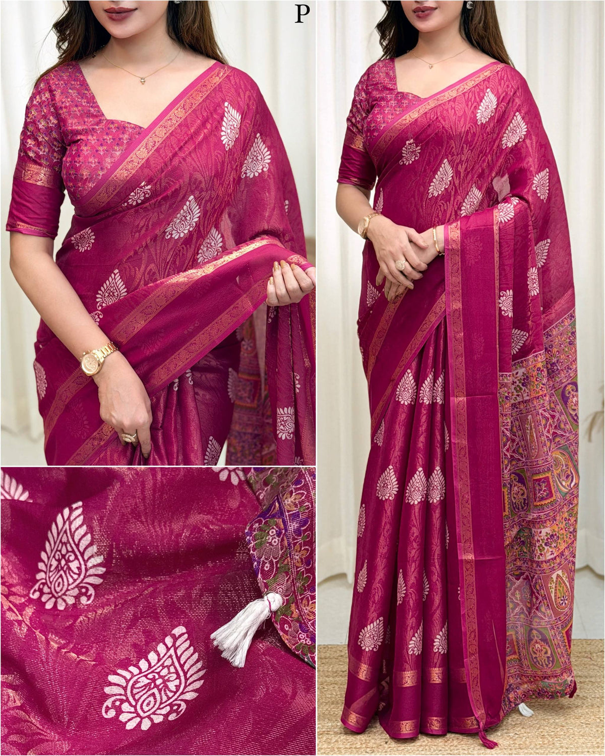 Pink Soft Cotton Jacquard Batik Print Cotton Saree