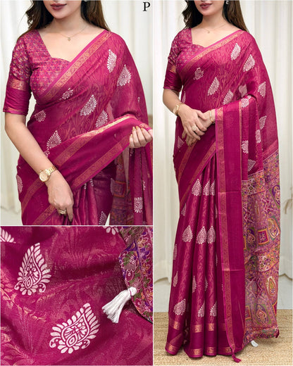 Pink Soft Cotton Jacquard Batik Print Cotton Saree