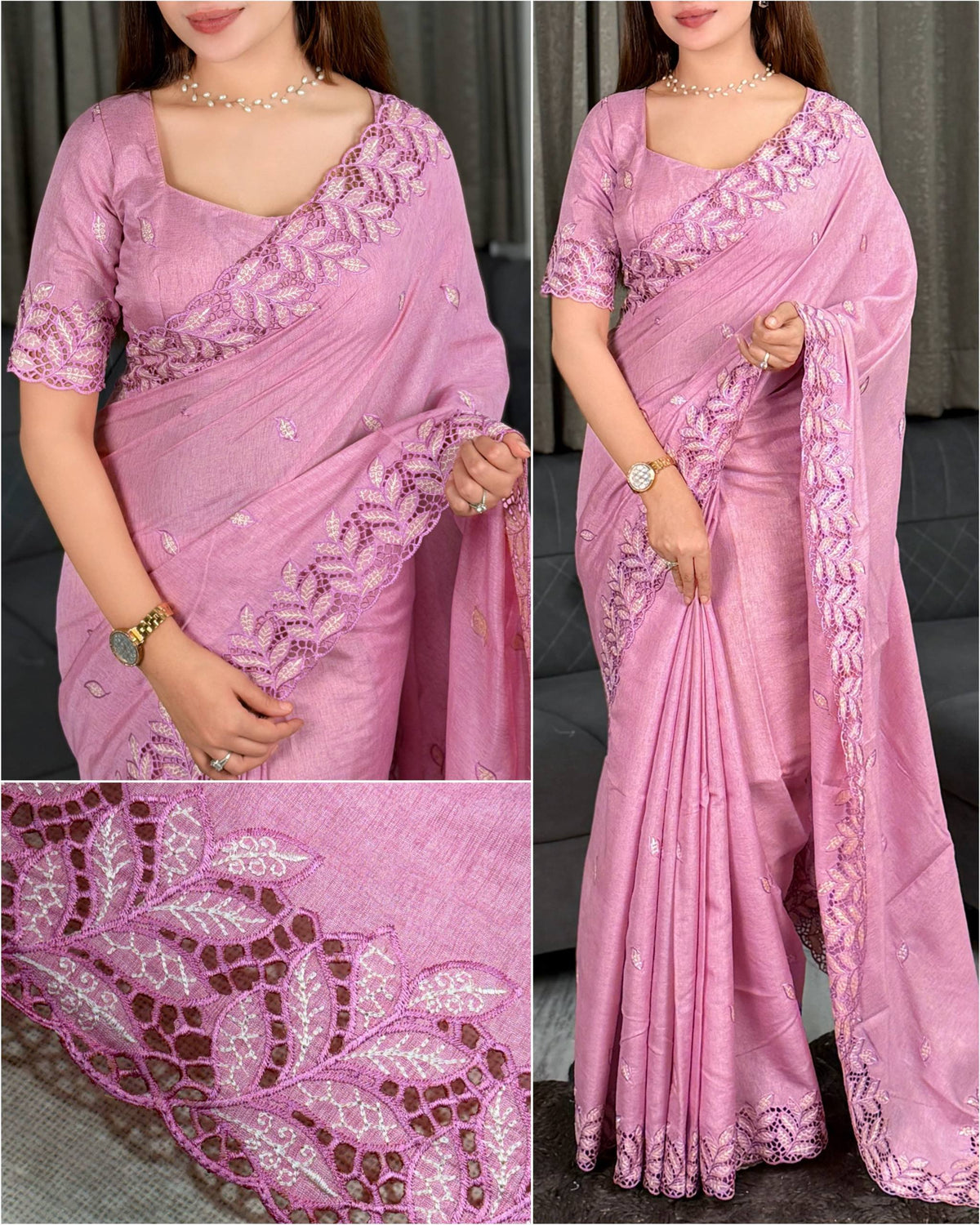 Pink Soft Cotton Thread Embroidery Work  Saree