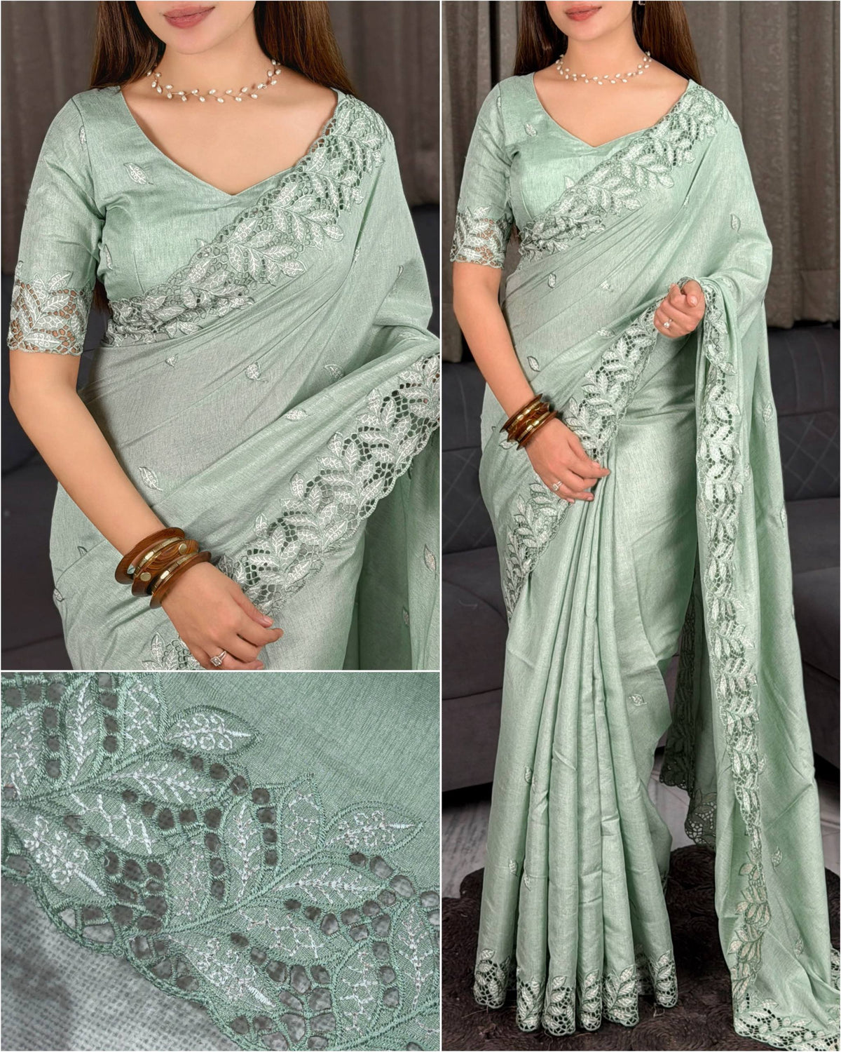 Pista Soft Cotton Thread Embroidery Work  Saree