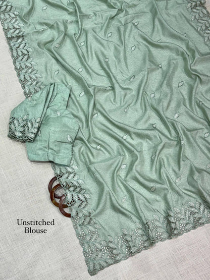 Pista Soft Cotton Thread Embroidery Work  Saree