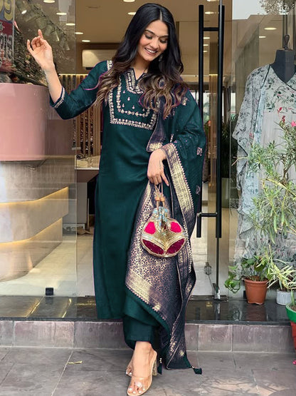 Rama Green Viscose Chanderi Embroidered Kurti Set